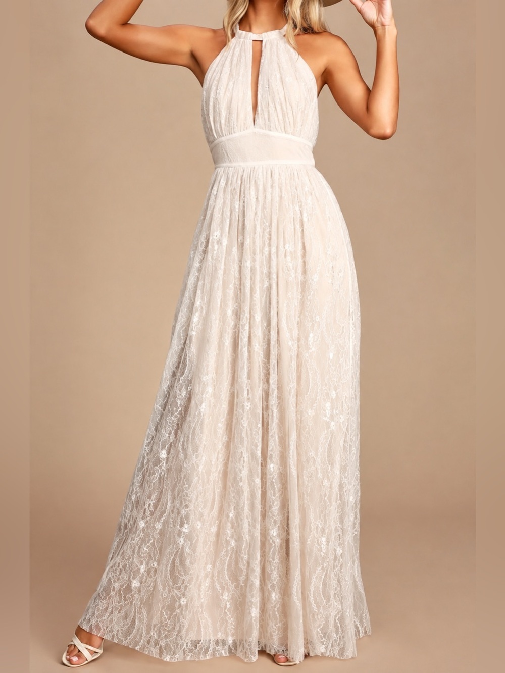 Lulus Dollie off white lace halter maxi dress, XS